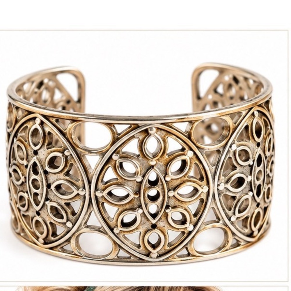 Lucky Brand Antiqued Gold Tone Filigree Openwork Wide Cuff Bracelet